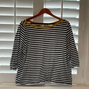 Navy and white striped Boden T-shirt.  3/4 sleeves and yellow neck detail.  XL